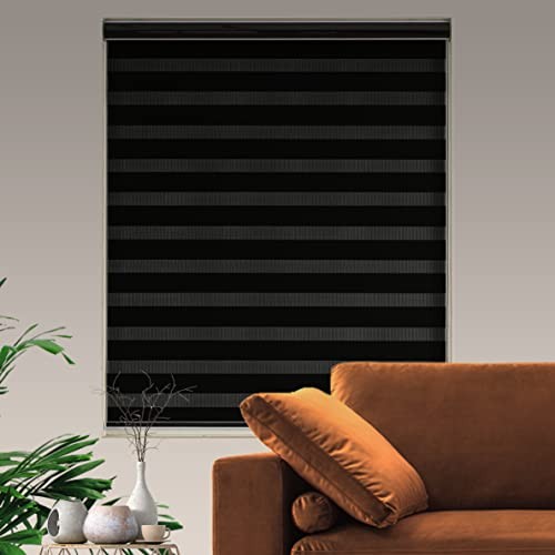 Custom Sizeout Zebra Blinds, Dual Layer Free-Stop, Room 20″W x 72″H Black