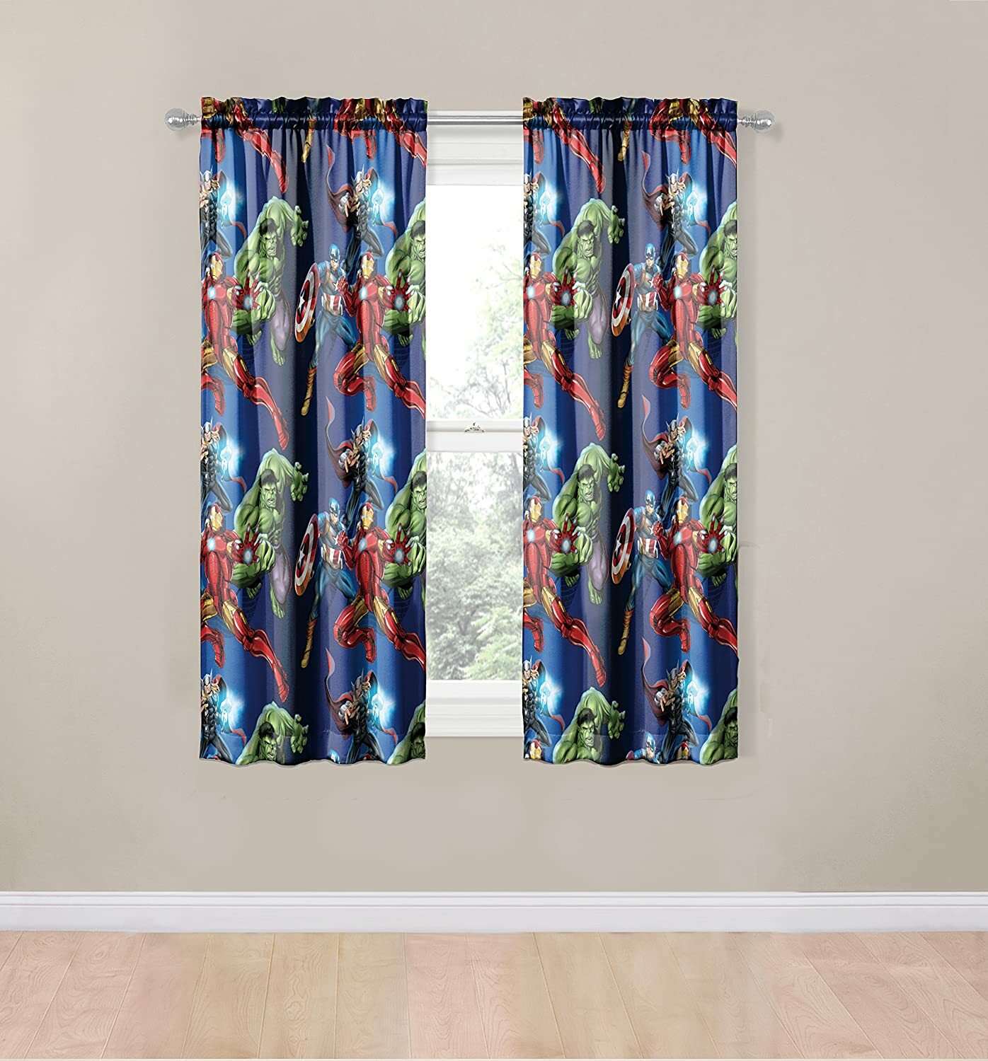Avengers Curtain Panel Set Tiebacks Microfiber Curtains Pair Kids Bedroom Blue