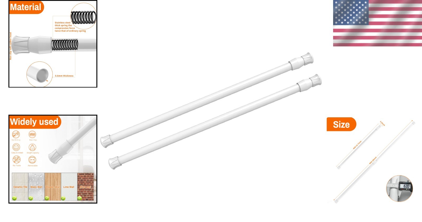 2-Pack Spring Loaded Curtain Rods 15.7-28 Inches | Easy Installation, No Damage