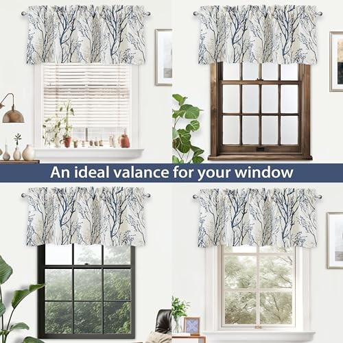 Tree Branch Linen Lined Valance Double Layer 52″W x 14″L (Pack of 1) Blue