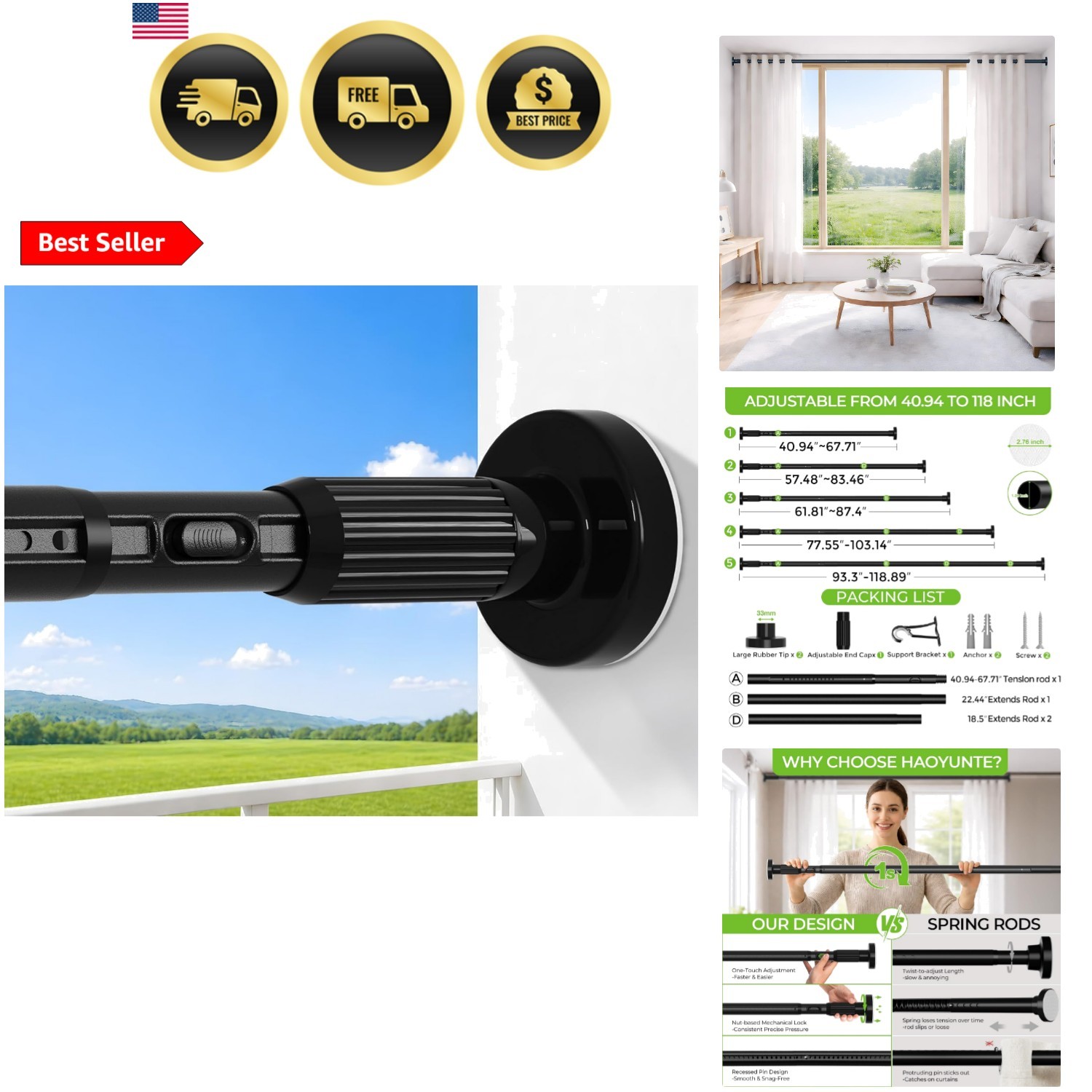 Heavy Duty Tension Curtain Rod No Drilling 41-118 Inch, One-Click Adjustable …