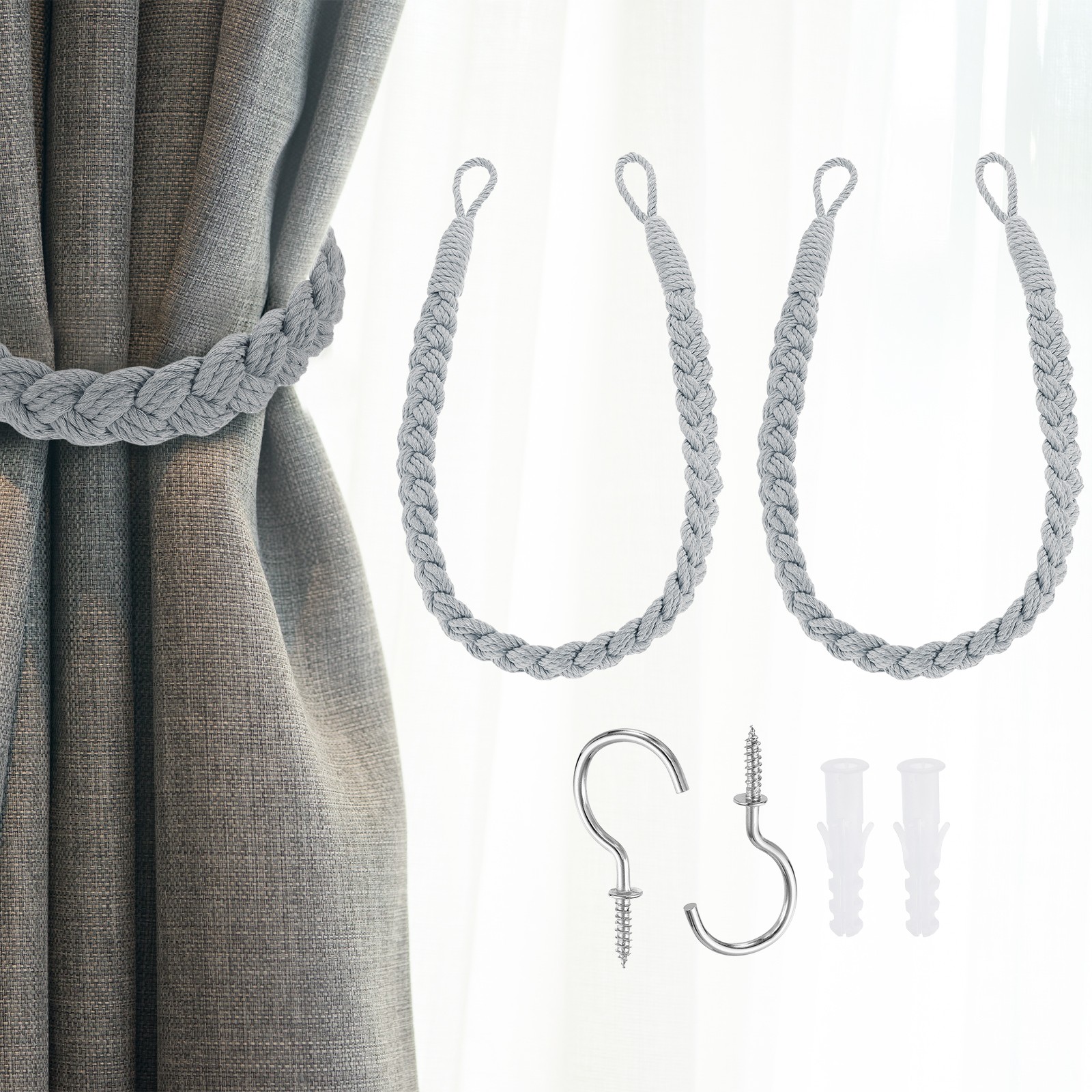 2Pcs Rope Curtain Tiebacks, 23.6″ Hand-Woven Curtain Holdback, Light Gray