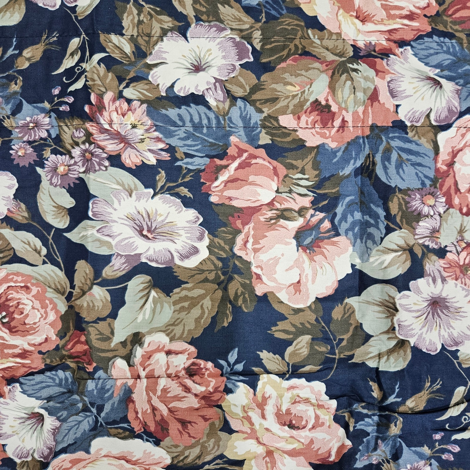 VTG JC Penney Big Pink Floral Roses Window Valances Navy Blue Chintz Pair 70X18″