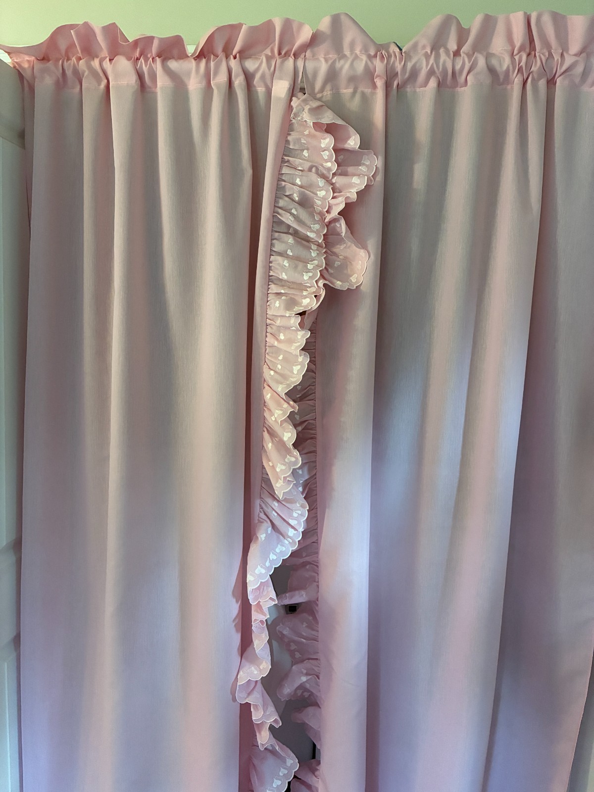 2 pink rod pocket curtain panels ruffled with embroidered hearts 38W x 84L