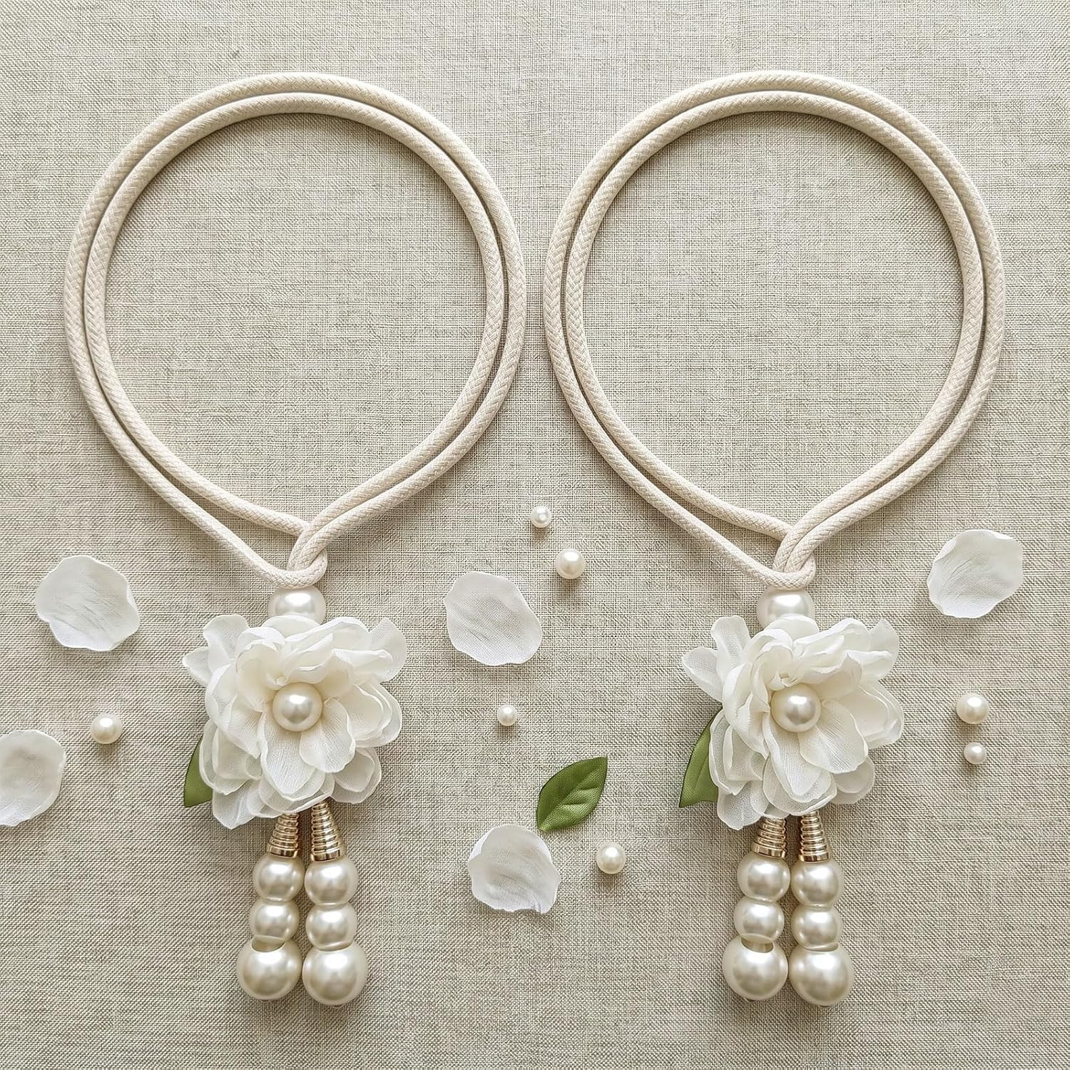 Adjustable Curtain Tiebacks， 4Pcs(2Pair) Hand-Woven Rope with Silk Flower & Pear