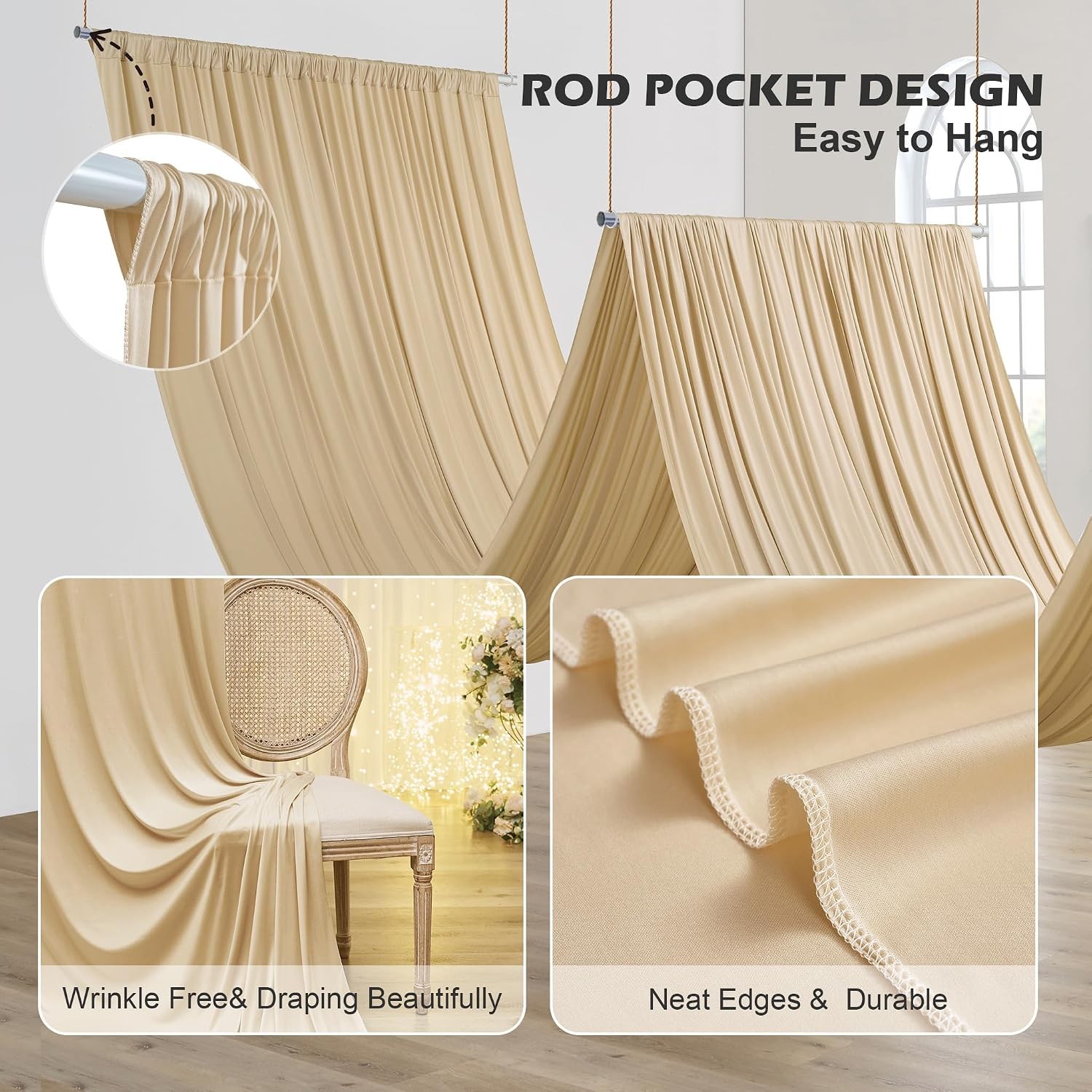 40 ft×20 ft Beige Ceiling Curtain Drapes for Weddings Parties,Wrinkle Polyester