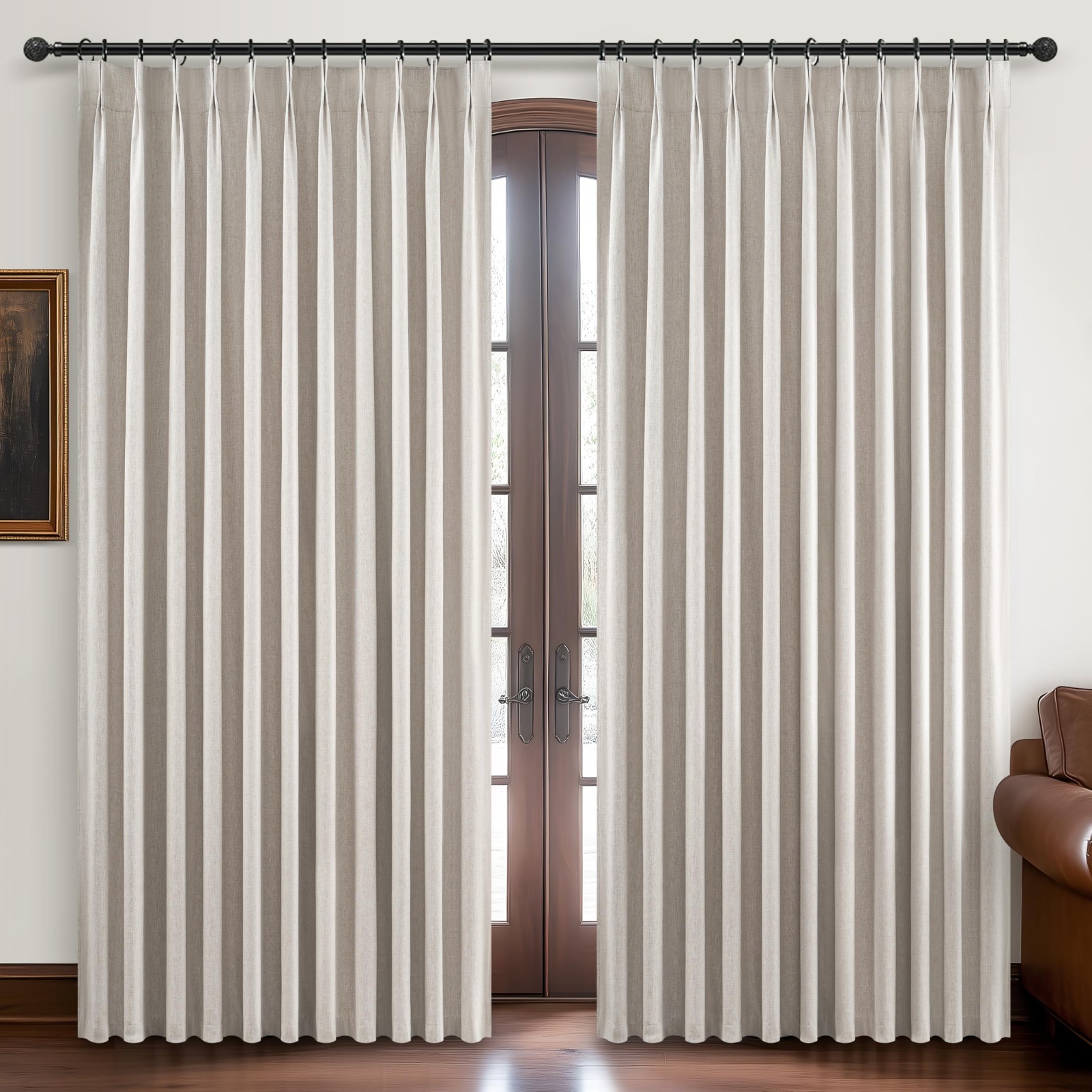 Pinch Pleated Blackout Curtains 60 Inches Wide for Living Room, Darkening Linen