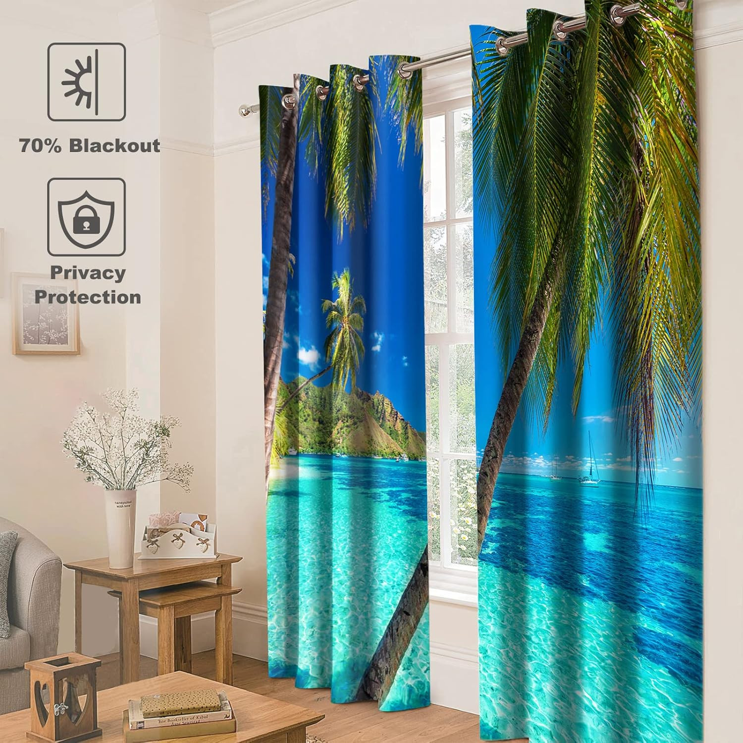 Ocean Palm Tree Blackout Curtains 84 Inch Tropical Beach Window Drapes Set
