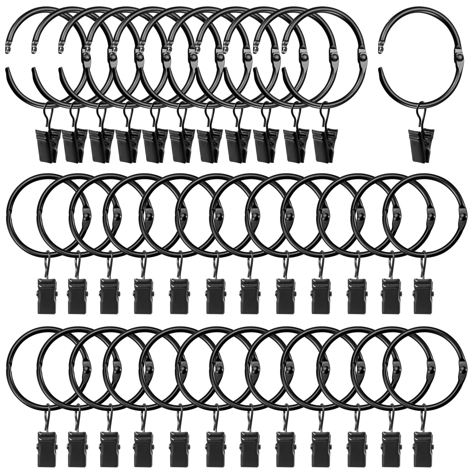 “Openable Curtain Rings with Clips & Hooks, 1.26” Interior Diameter, Set of 36 –