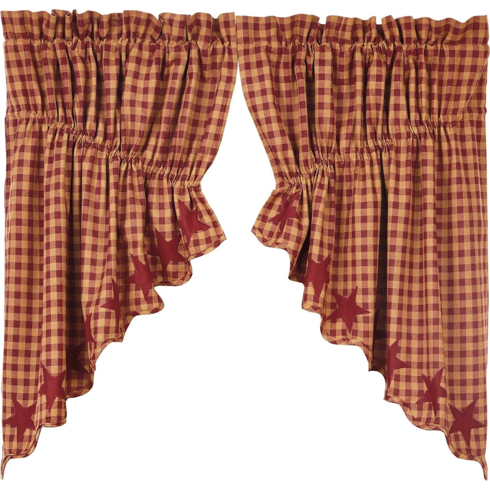 Burgundy Star Lined Prairie Swag Set Red & Tan Check Scalloped Edge 100% Cotton