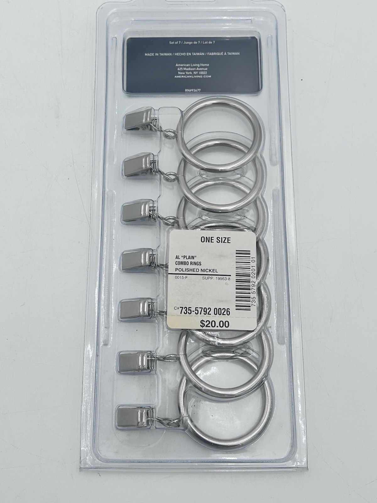 American Living Combo Rings with Clips Silver Chrome Metal 7 Pk ~1.4″D Curtains