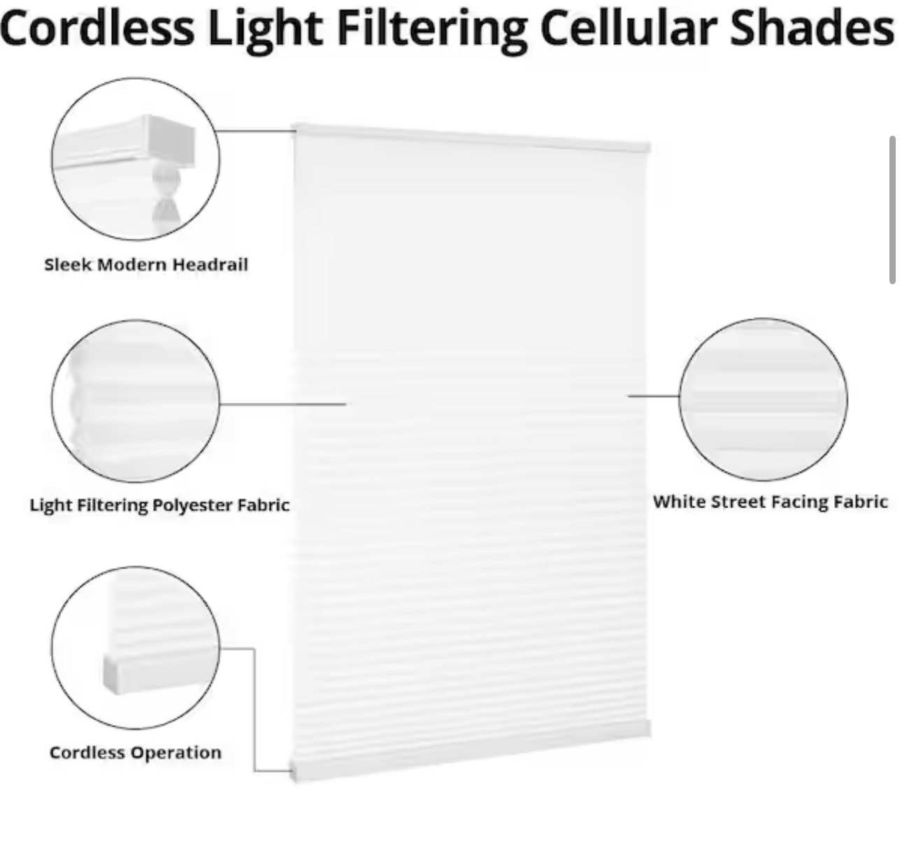 Snow Drift Cordless Light Filtering Cellular Window Shades 36.375” By 64”