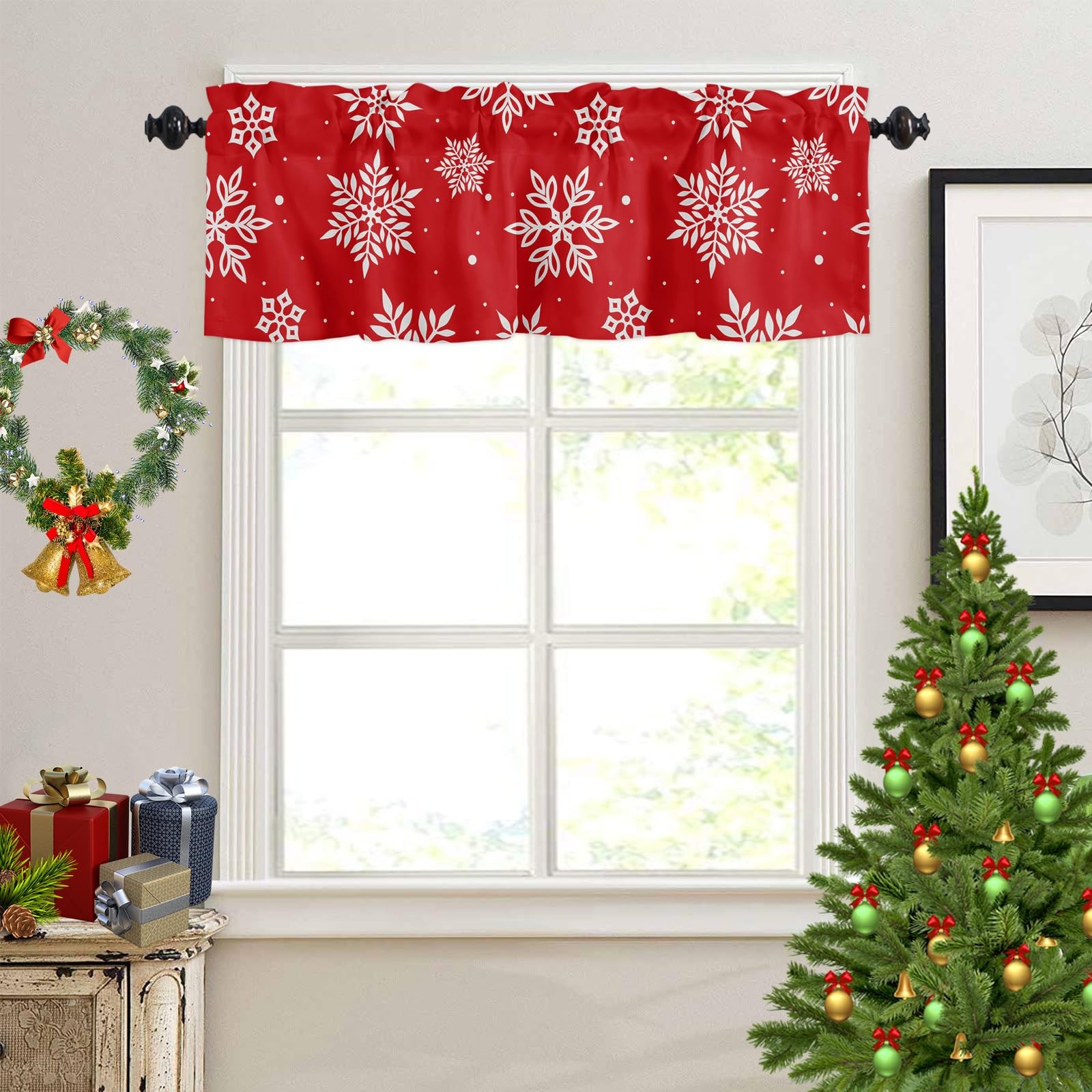 Christmas Window Curtain Valance for Kitchen Bedroom, Snowflakes Printed Red …