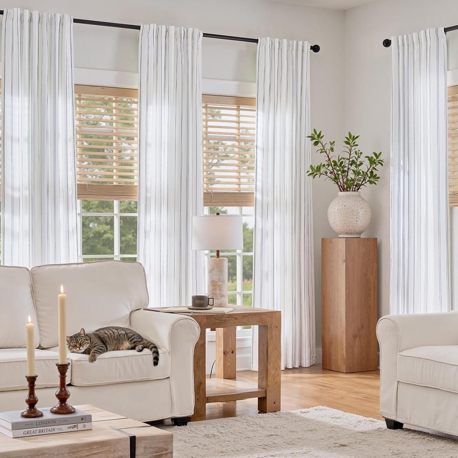 White & Blue Striped Curtains, 84″ Length – Stylish Window Treatment Pack of 2