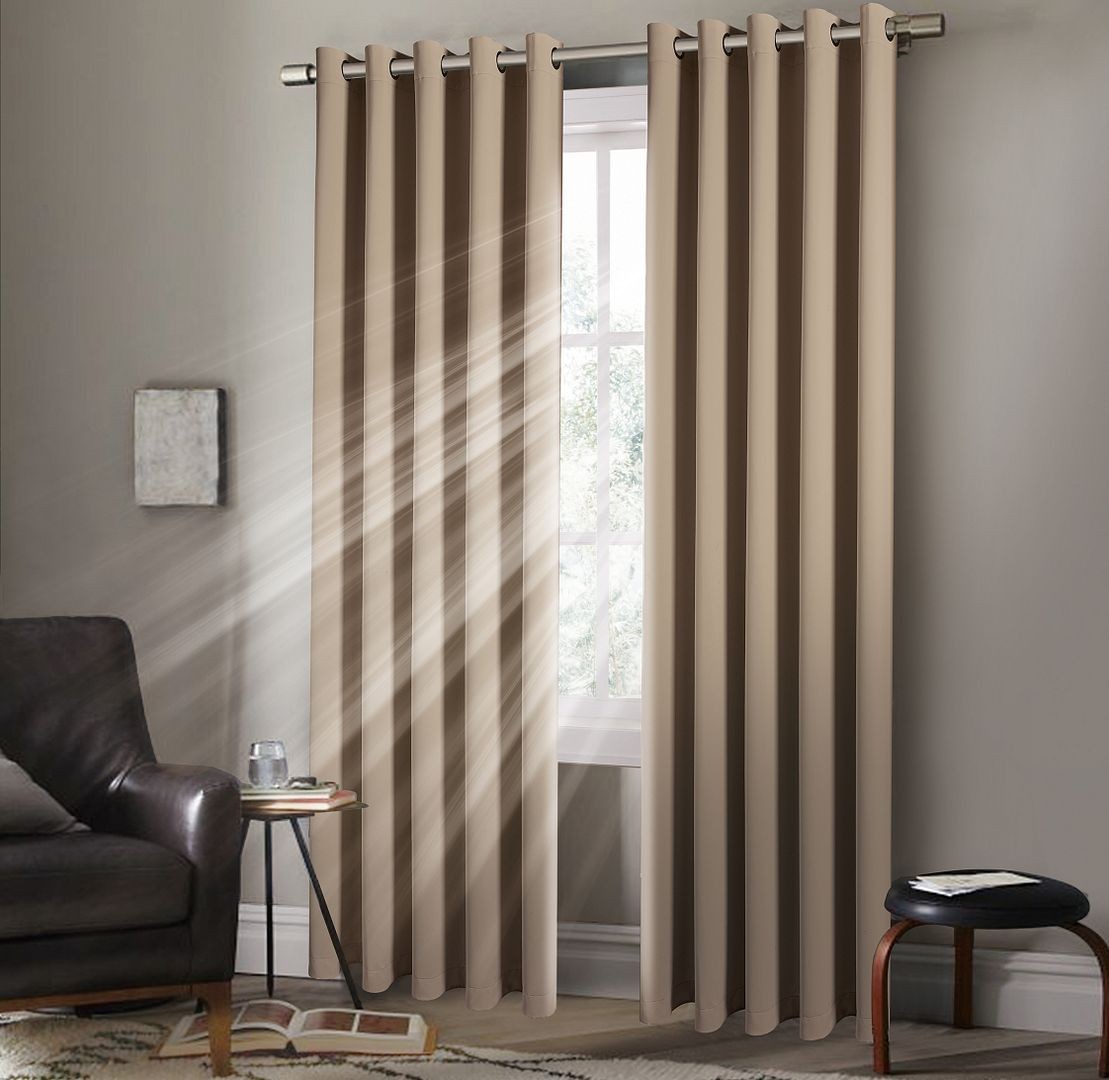 Plain Thermal BLACKOUT LINED EYELET Ring Top Curtains with Tie Backs