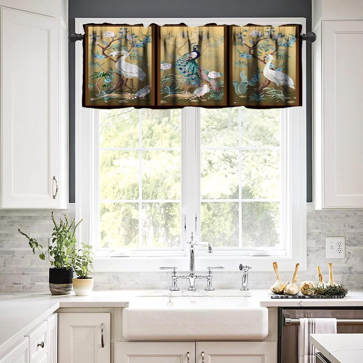 Peacock Peony Crane Window Valance,Vintage Asian Chinese Style Japanese Window V