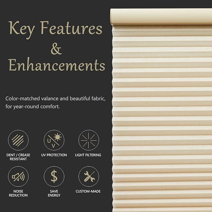 METechs Cordless Light Filtering Beige Cellular Shades – Premium Thick Cells