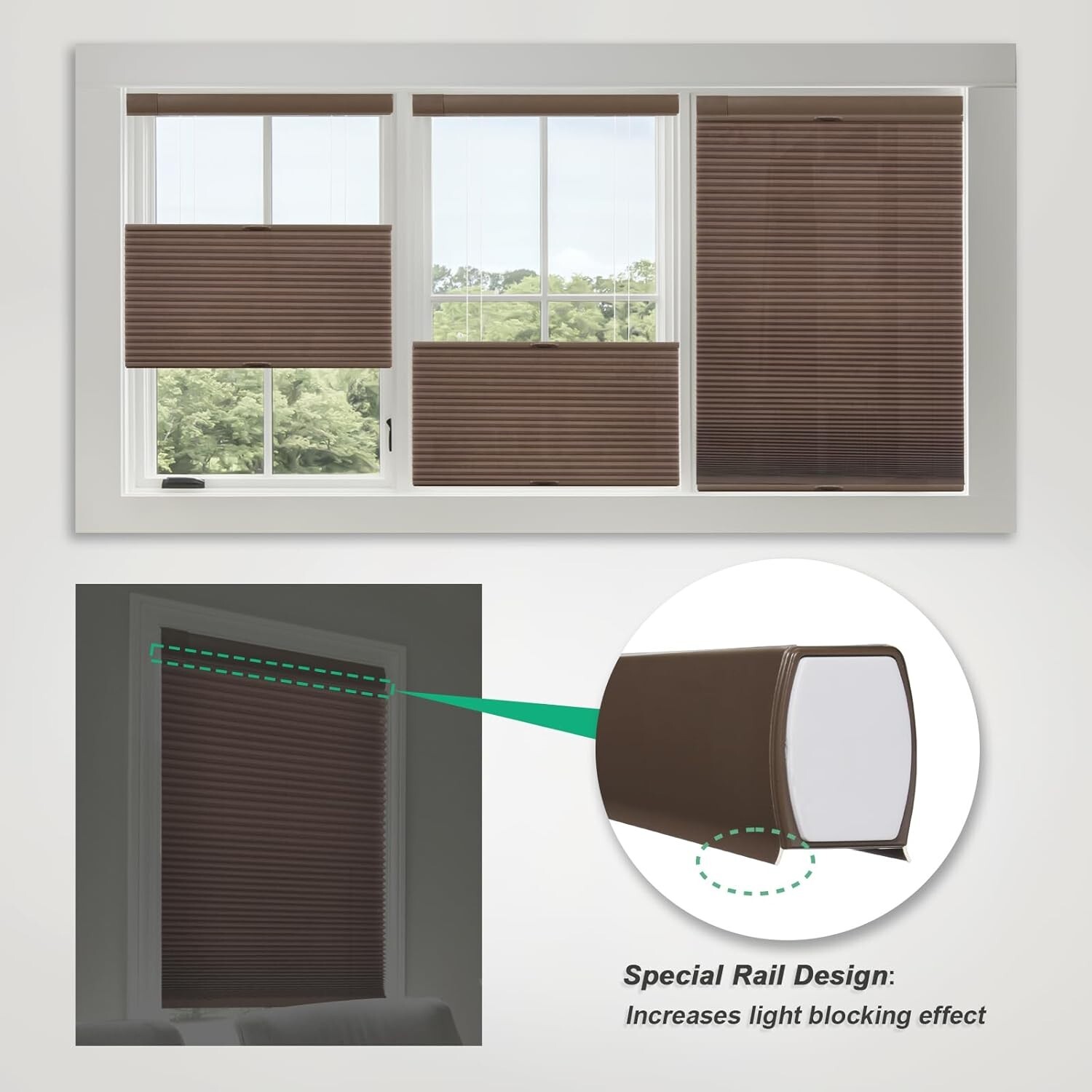 No Drill Top Down Light Filtering Brown Cellular Shade Cordless Honeycomb Blinds