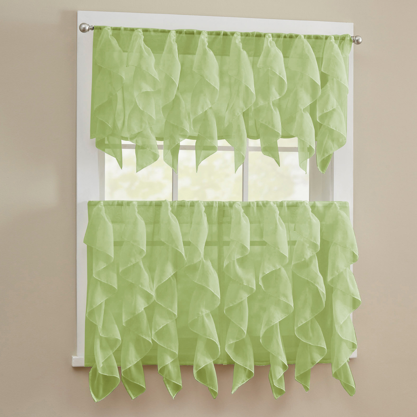 Sheer Voile Vertical Ruffle Window Kitchen Curtain Tiers or Valance Sage