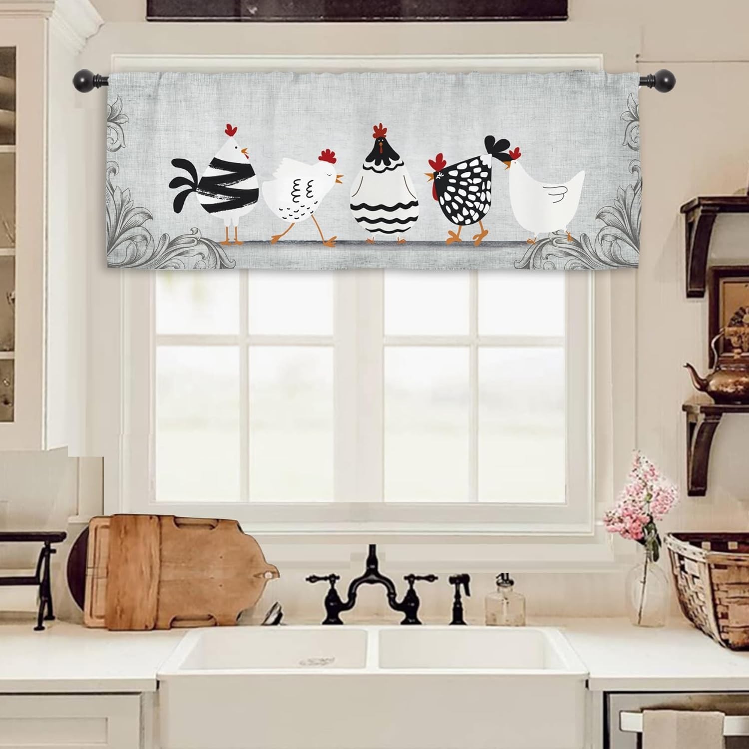 Farmhouse Kitchen Curtain Valance Fabric 54×18 Rooster Vintage Rustic Decor