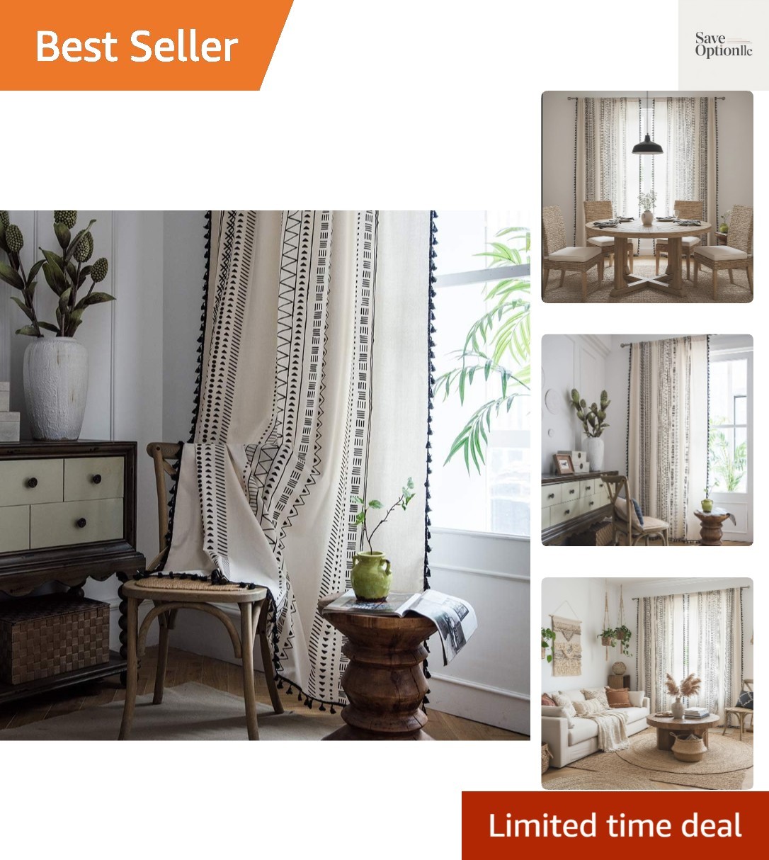 Boho Curtains 2 Panels Modern Farmhouse Decor Black and White Striped Geometr…