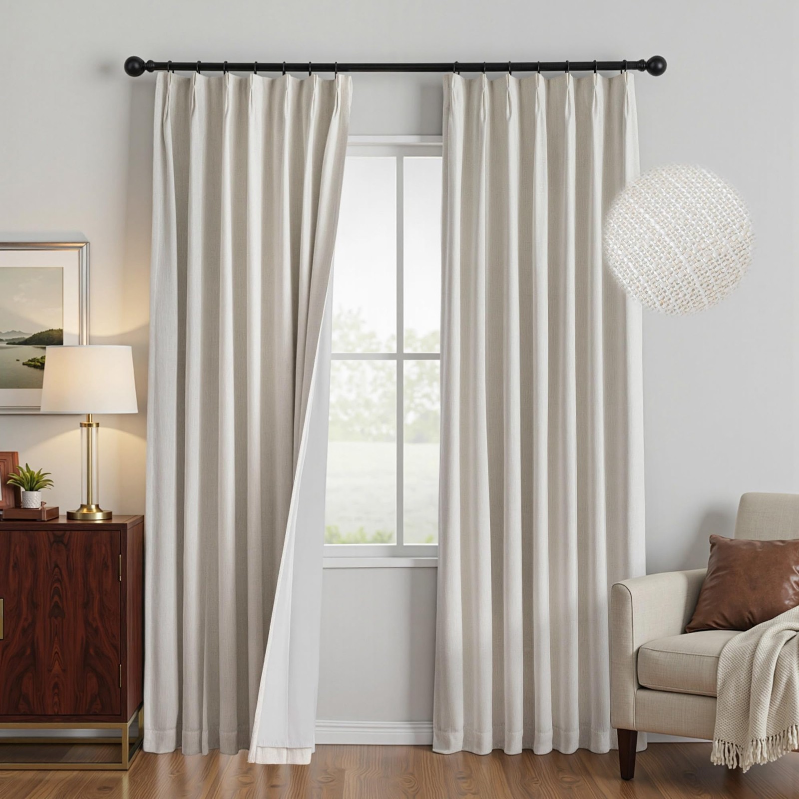 Mysky Home Beige Curtains 108 Inches Long Natural Pinch Pleated Curtains Living