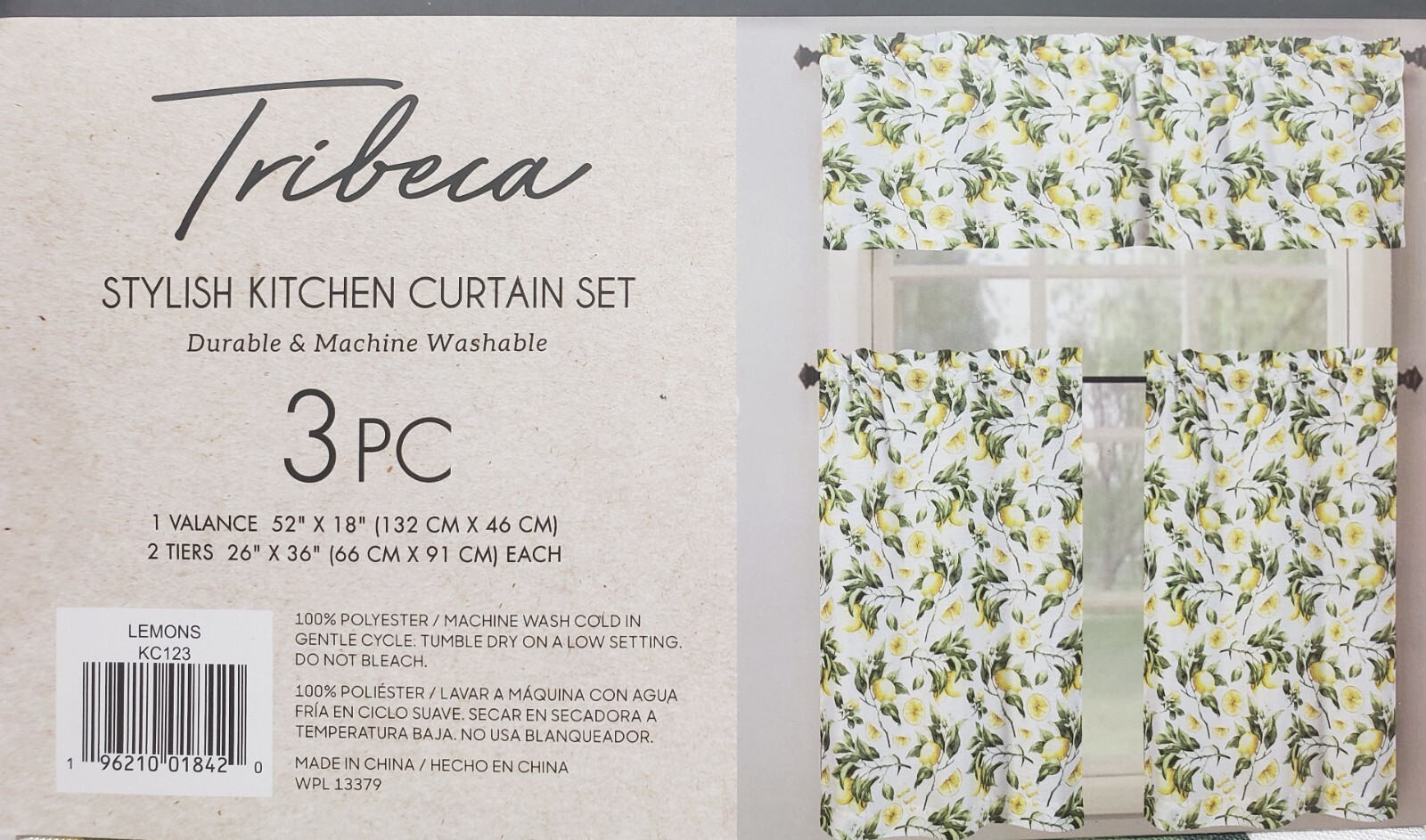 3pc Printed Kitchen Curtains Set:2 Tiers(26″x36″)&Valance(52″x18″)LEMONS,Tribeca