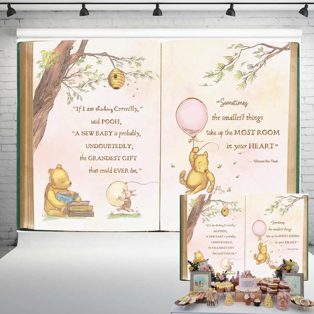 Vintage Pooh Bear Baby Shower Backdrop 7×5 ft Giant Book Spring Tree Wall