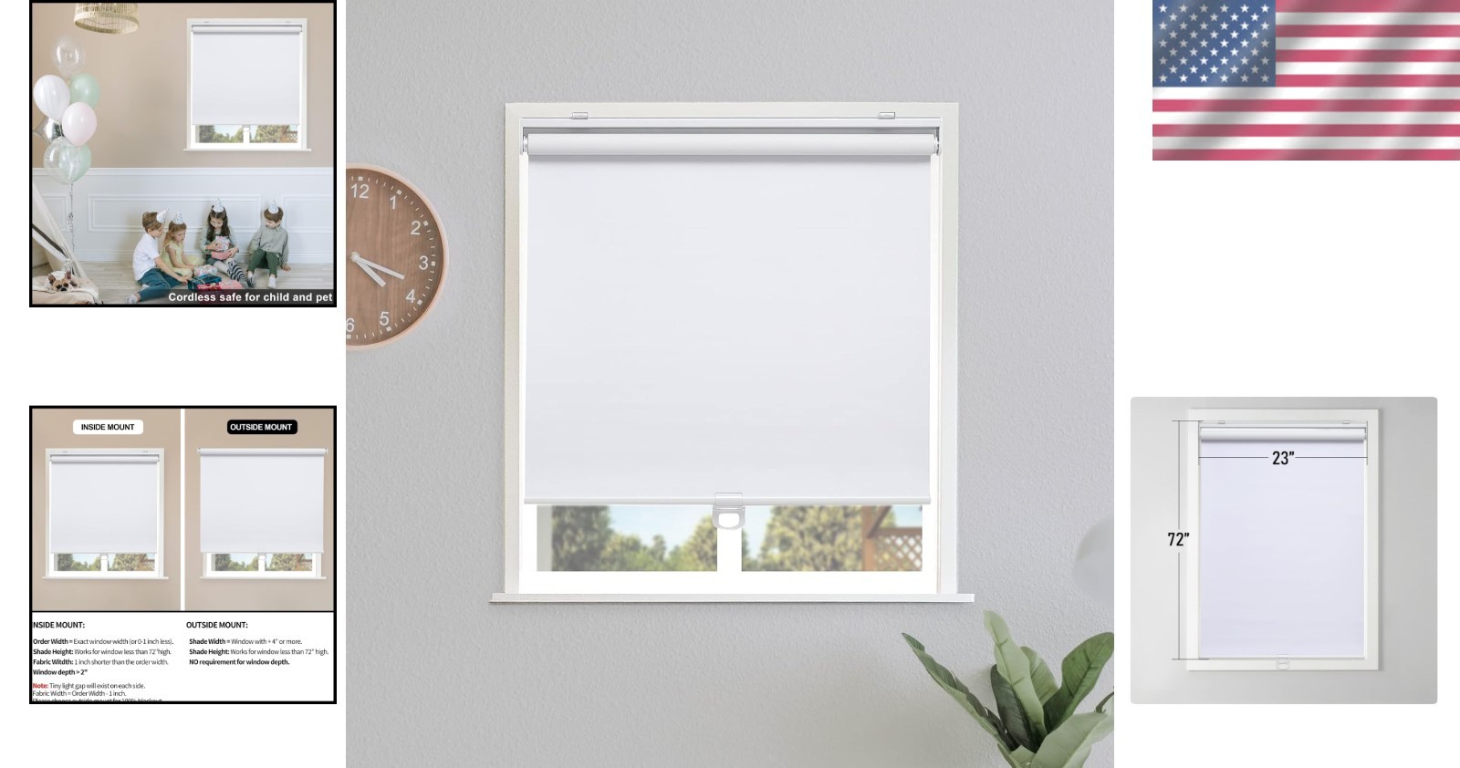 White Cordless Blackout Roller Shades 23″W x 72″H – Elegant Thermal Insulation
