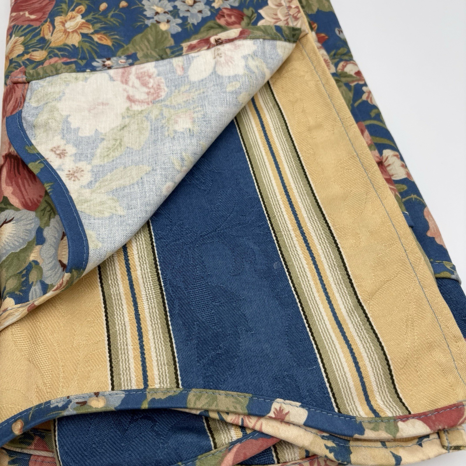 WAVERLY VILLA CARLOTTA Blue Floral Window Valance 2-Tier Stripes 76×15″ Set Of 2