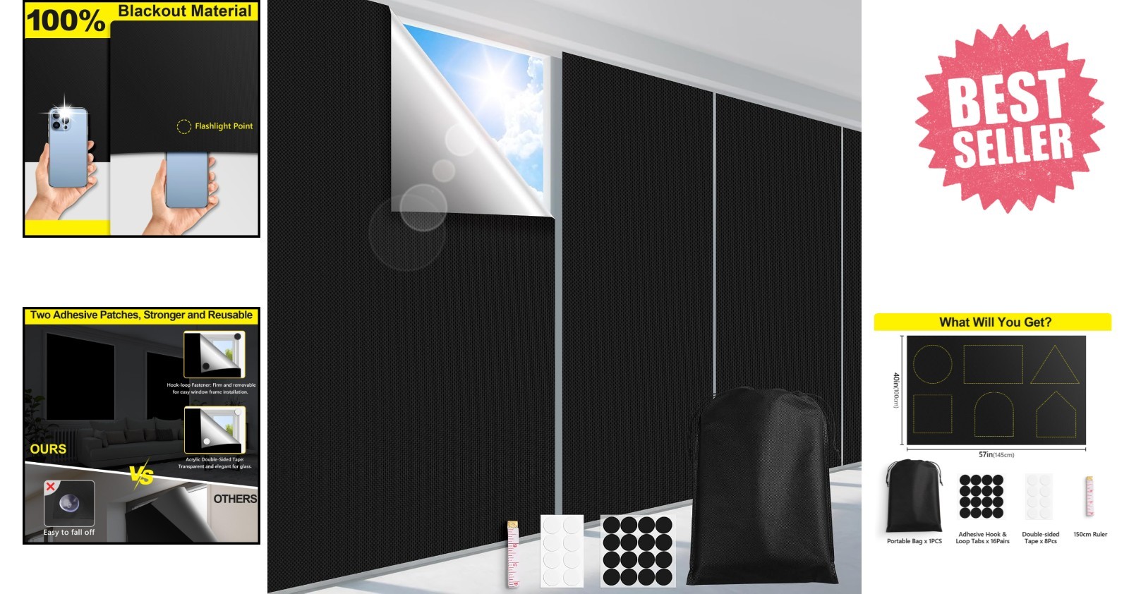 No-Drill Blackout Window Blinds – Portable, Customizable Shade for Travel (57”)