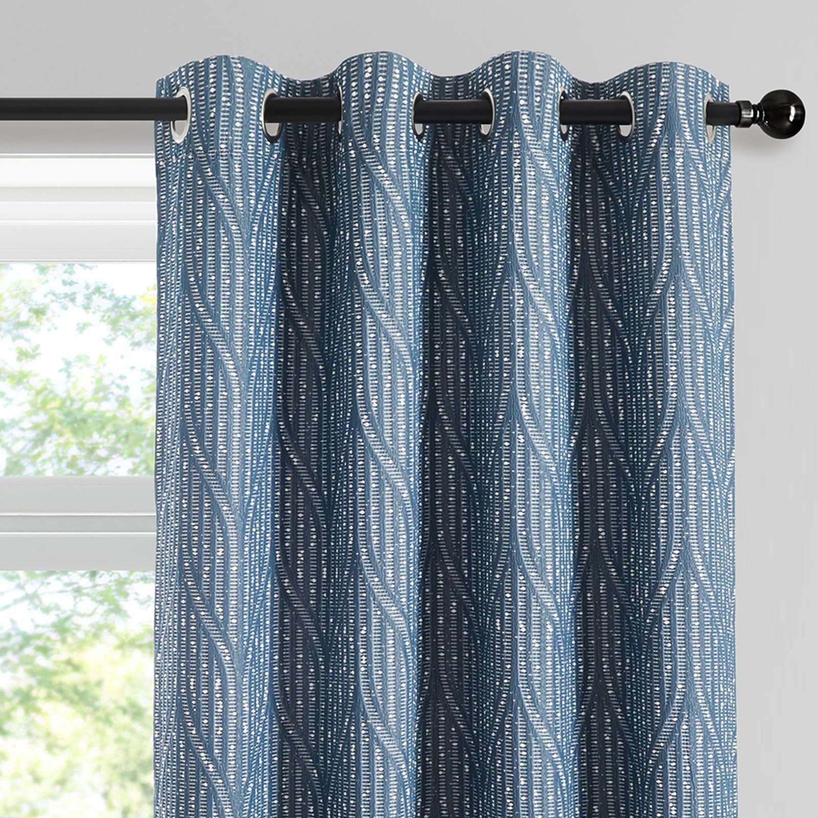 Drapexpert Blue White 100% Blackout Geometric Jacquard Thermal Insulated Curtain