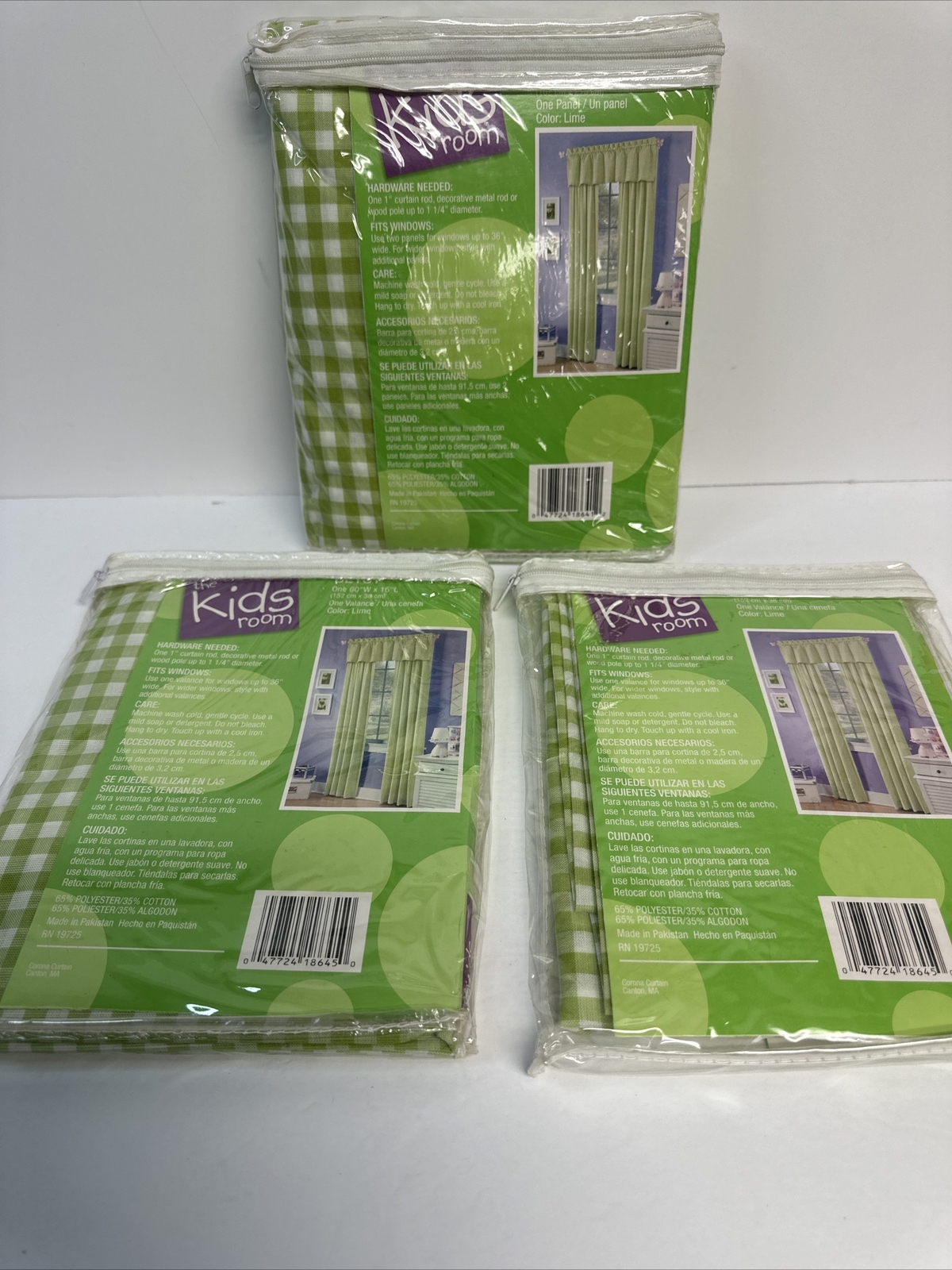 LThe Kid’s Room Green 1x Curtains 40”X 84”L and 2 X Valances 60”x15”L