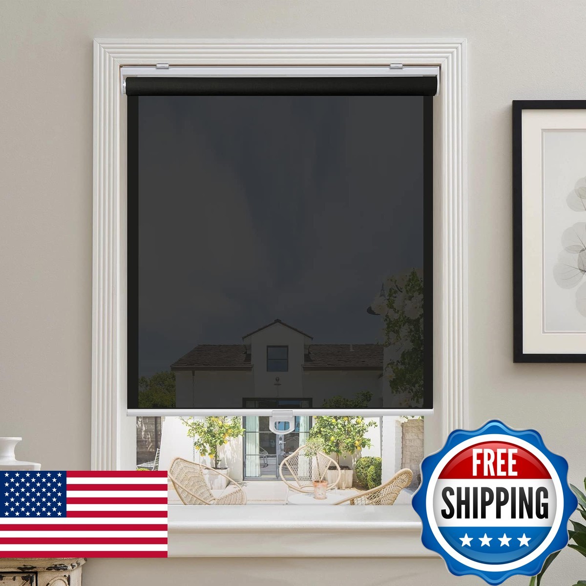 AOSKY Cordless Roller Shades 33″ W x 72″ H Black 5% Openness Light Filtering