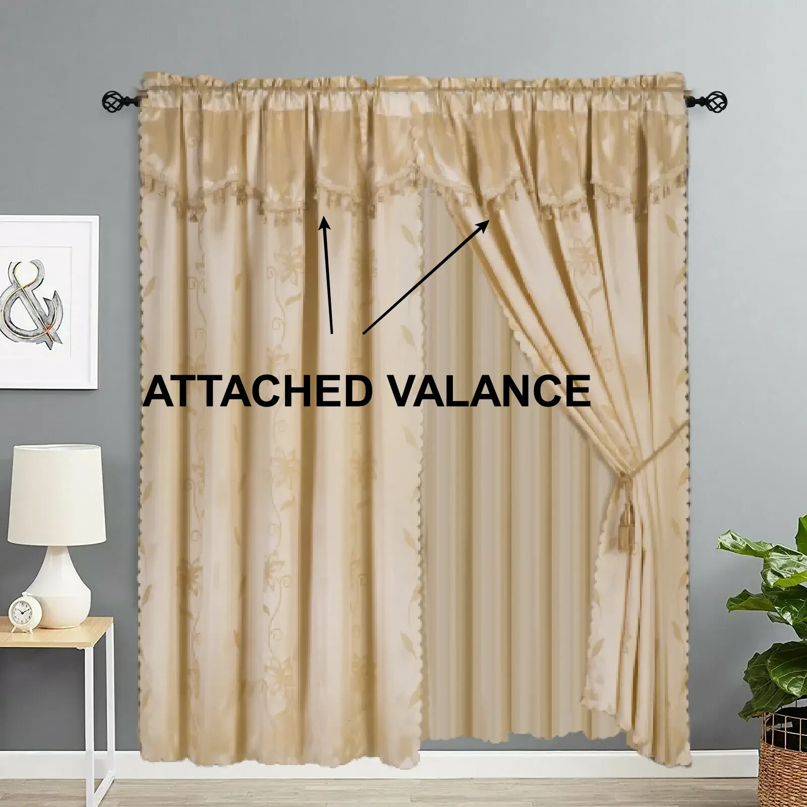 2 panel window curtain set (120″ W X 84″ L ) with valance and sheer backing NADA