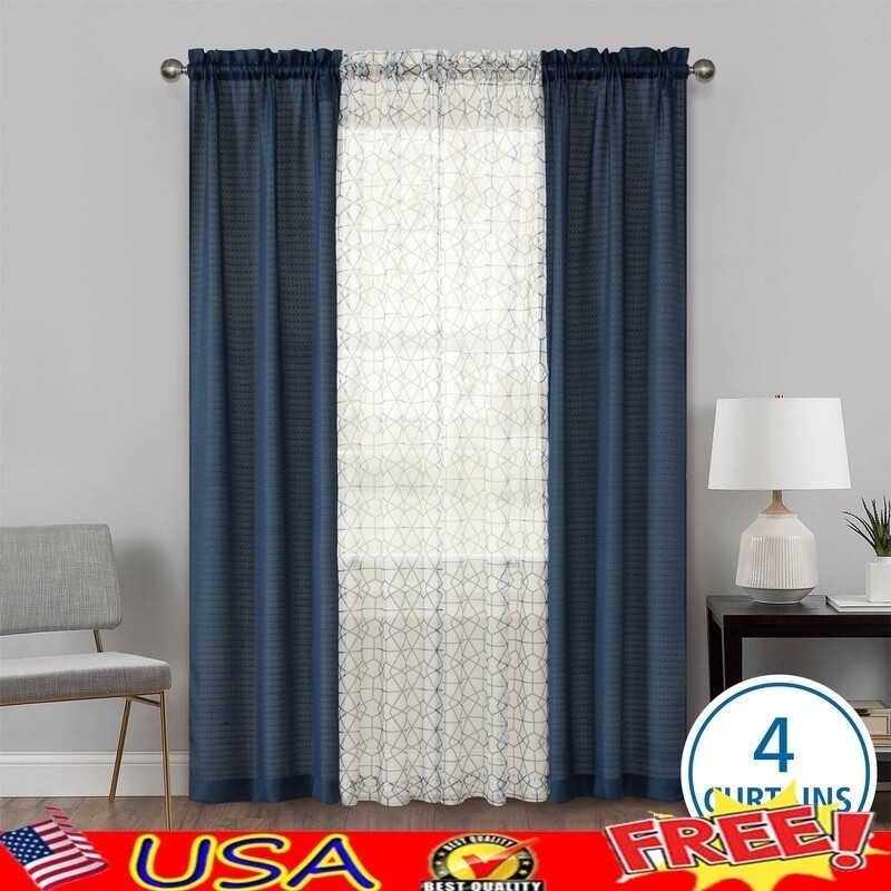 Curtain Panel Set 4 Pieces Rod Pocket Light Filtering Sheer Geometric Design New