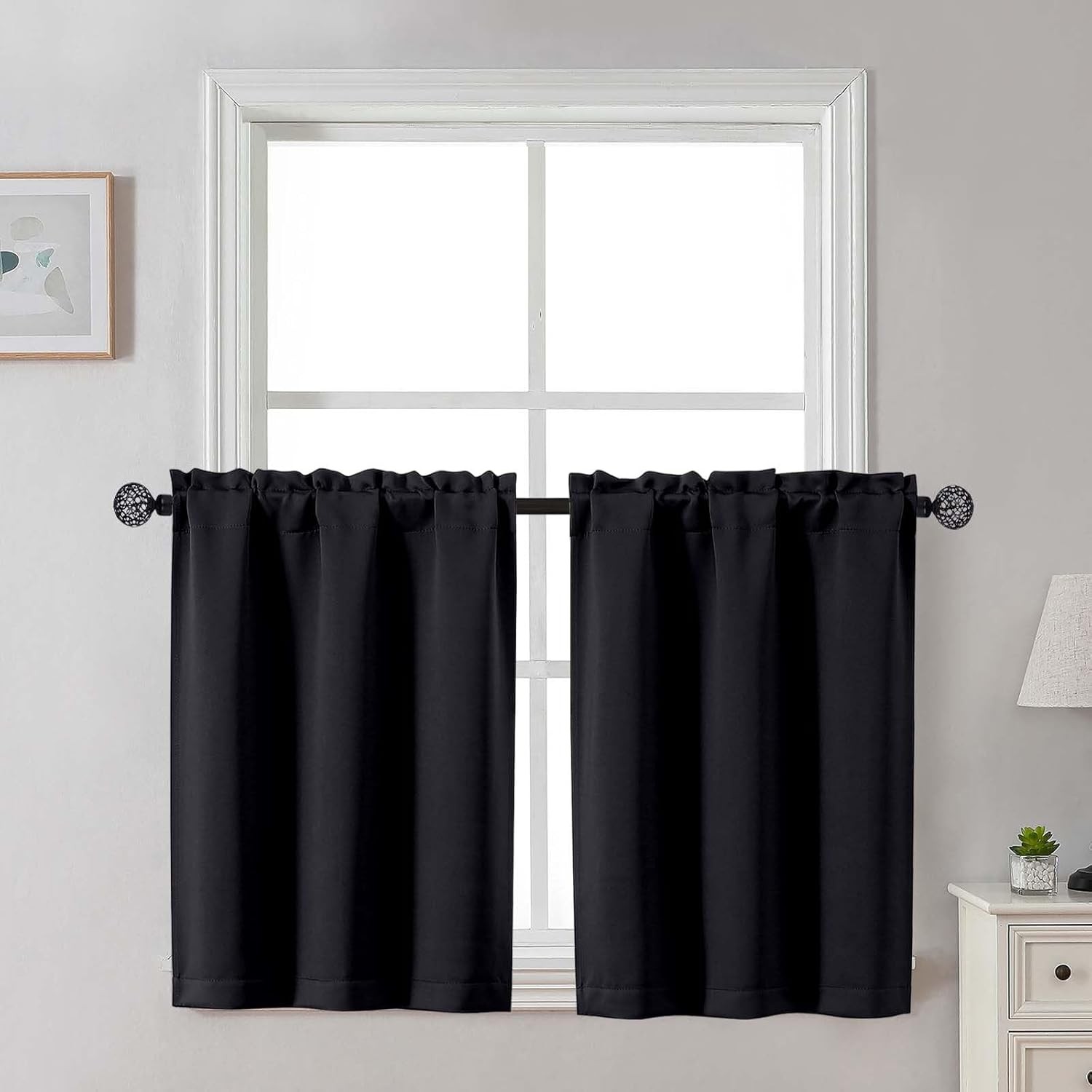 Black Blackout Curtains 30 Inch Length, Short Kitchen Curtains for Bedroom