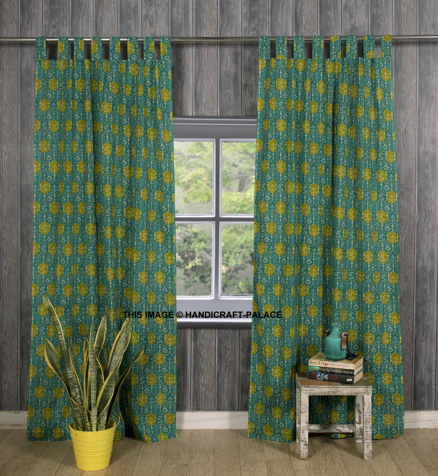 Sunflower Tab Top Cotton Curtain Drape Door Panel Window Green 85×85 inch Indian
