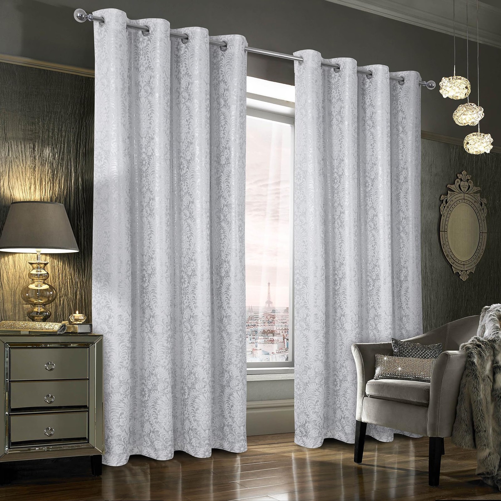 Always4U 100 Blackout Foil Print Ridged Velvet Curtains Damask 108 Inches Long