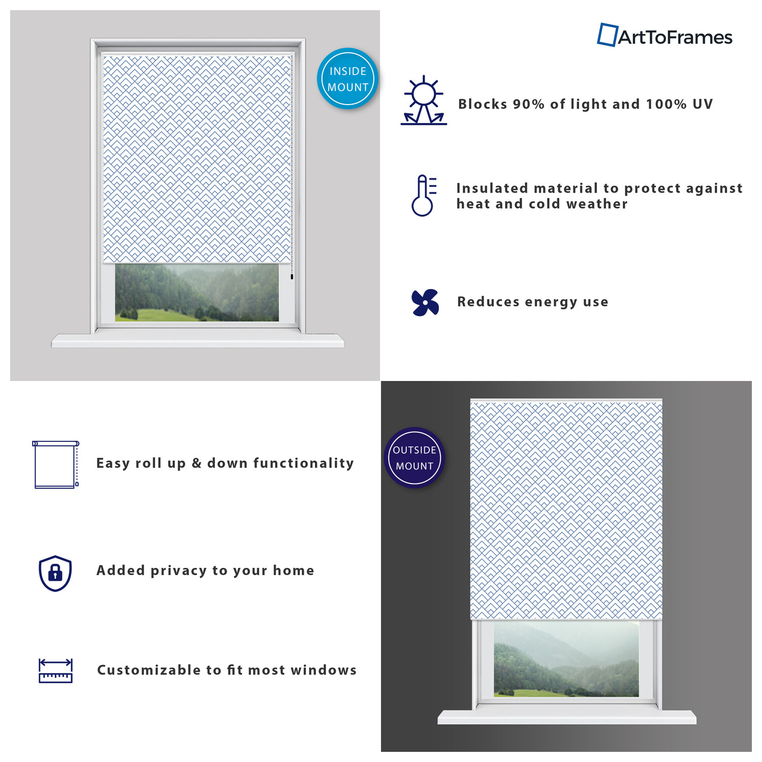 ArtToFrames Custom Window Shade – Blackout Peaks Modern White Navy Design Revers