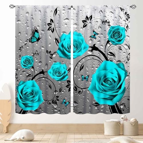 Rose Floral Curtains, Romantic Teal Blue Flower 21″W x 45″L (Pack of 2) Rose-05