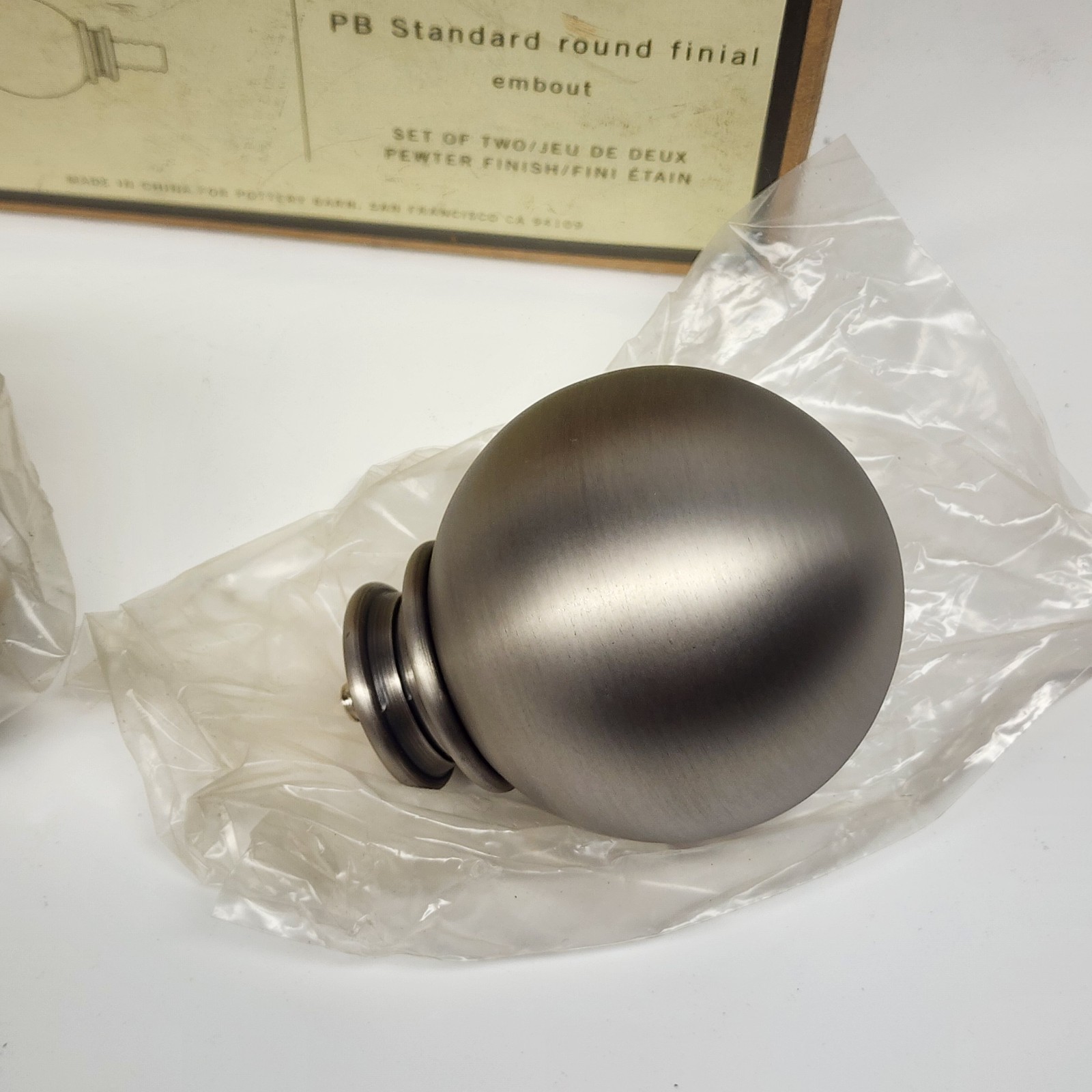 POTTERY BARN 2 Large Ball Finials 1.25” Diameter Pewter NEW OPEN BOX PB