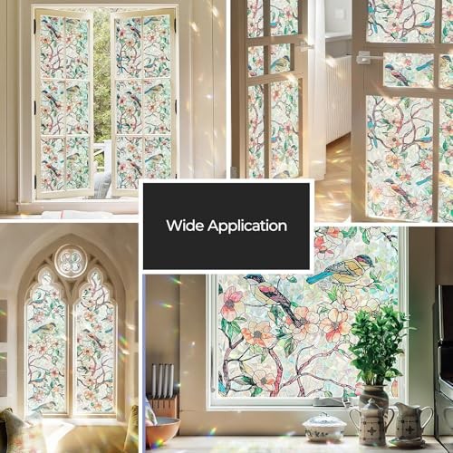 Window Privacy Film, Stained Glass 17.5″ x 78.7″ Blooms & Birds Paradise