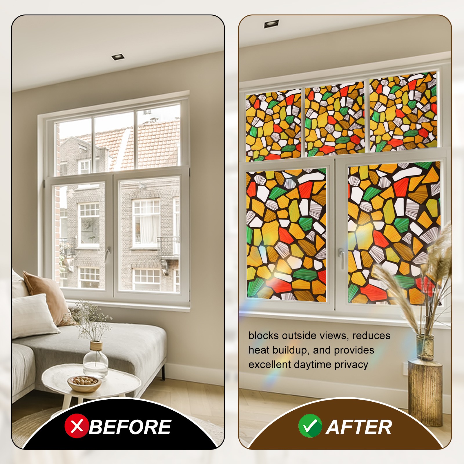 Colored Stone Pattern Stained Glass Window Privacy Film 39.4″x11.8″ Static Cling