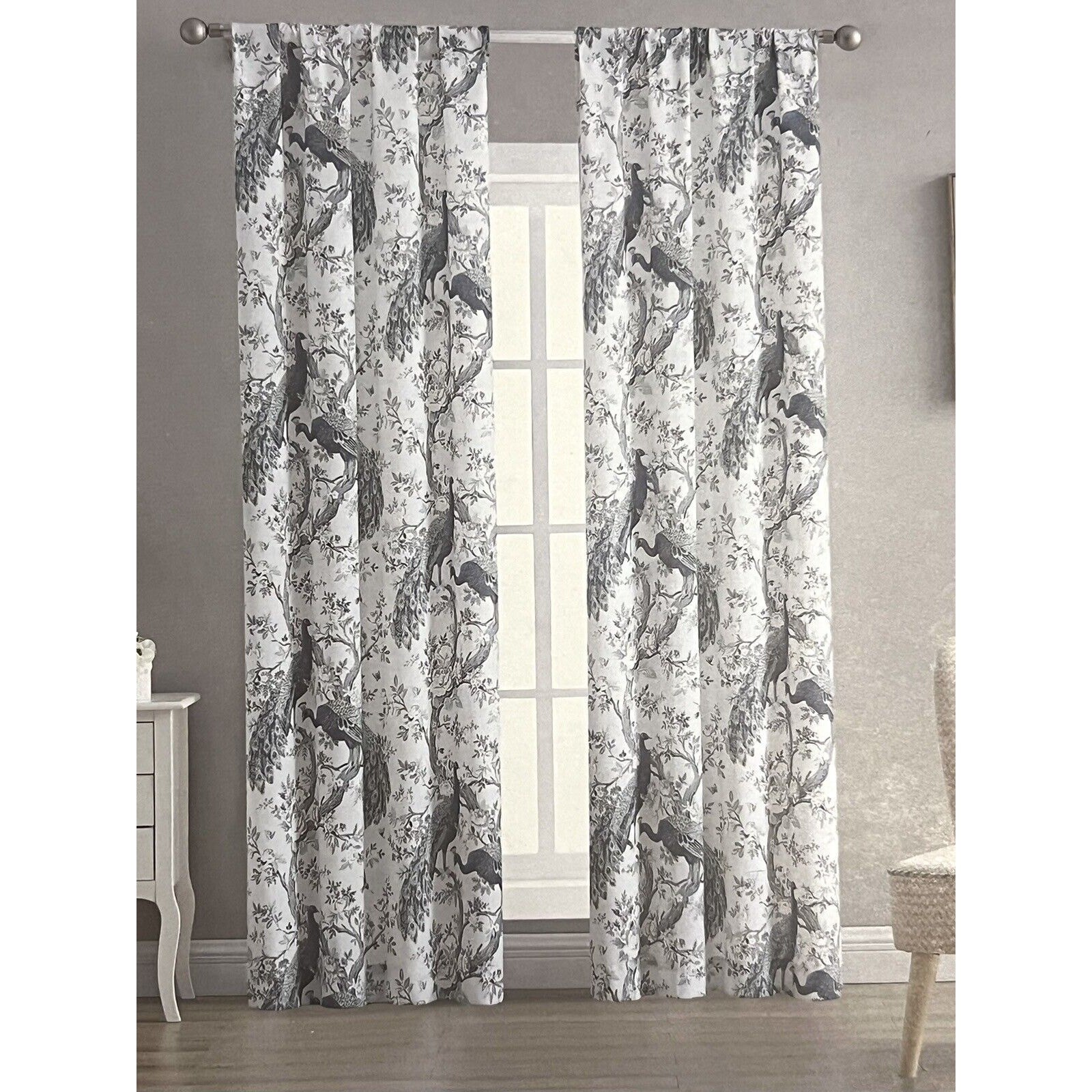 Laura Ashley Belvedere Peacock Curtains 2 Panels Navy Blue Green Ivory 38”x 96”
