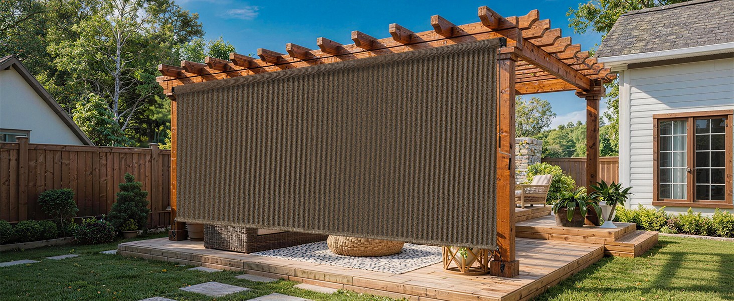 10’W x 8’H Gray Outdoor Roller Shade with Crank Wand Patio Shades Roll up,