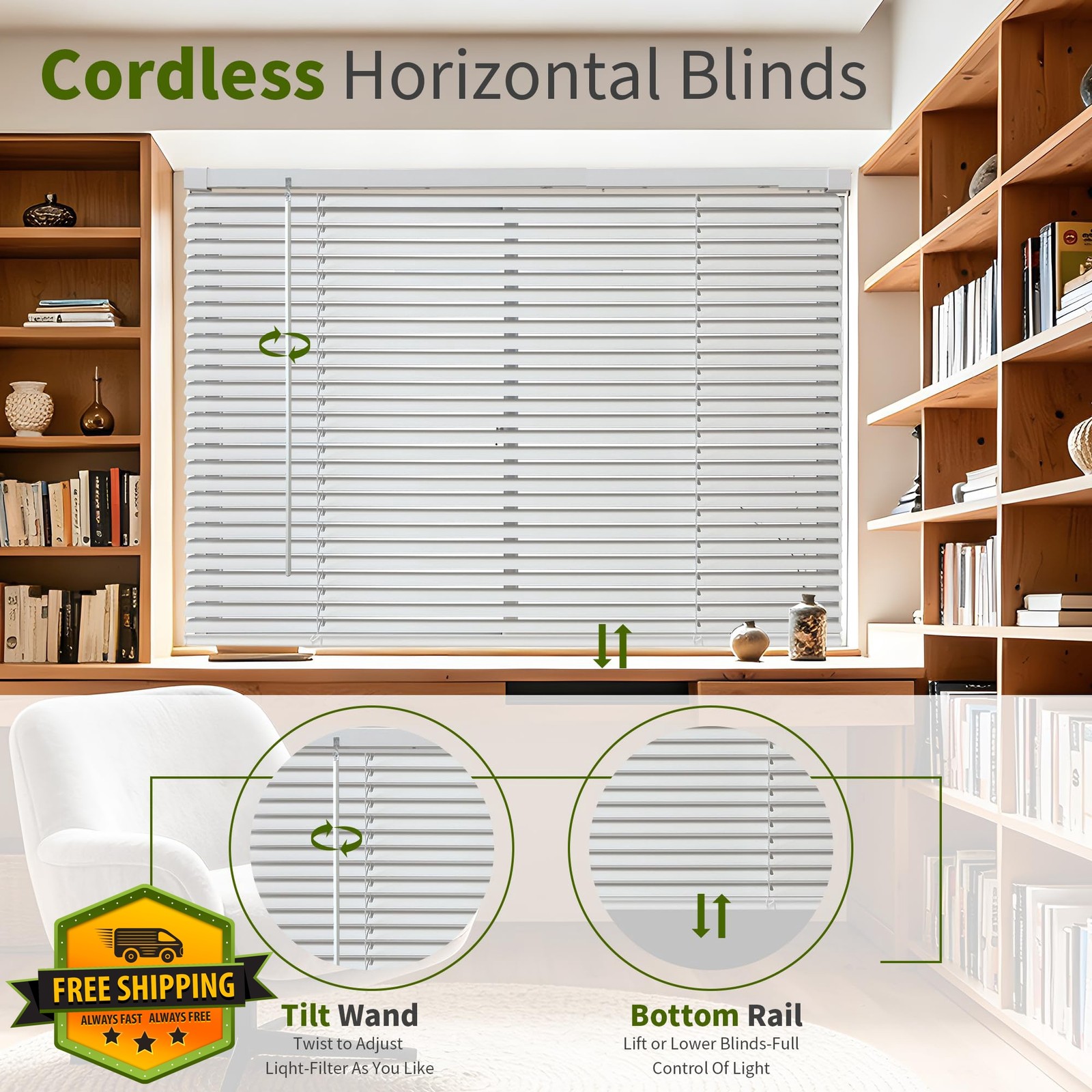 AURILOFT 1″ Cordless Mini Blinds 21.5″W x 48″H White
