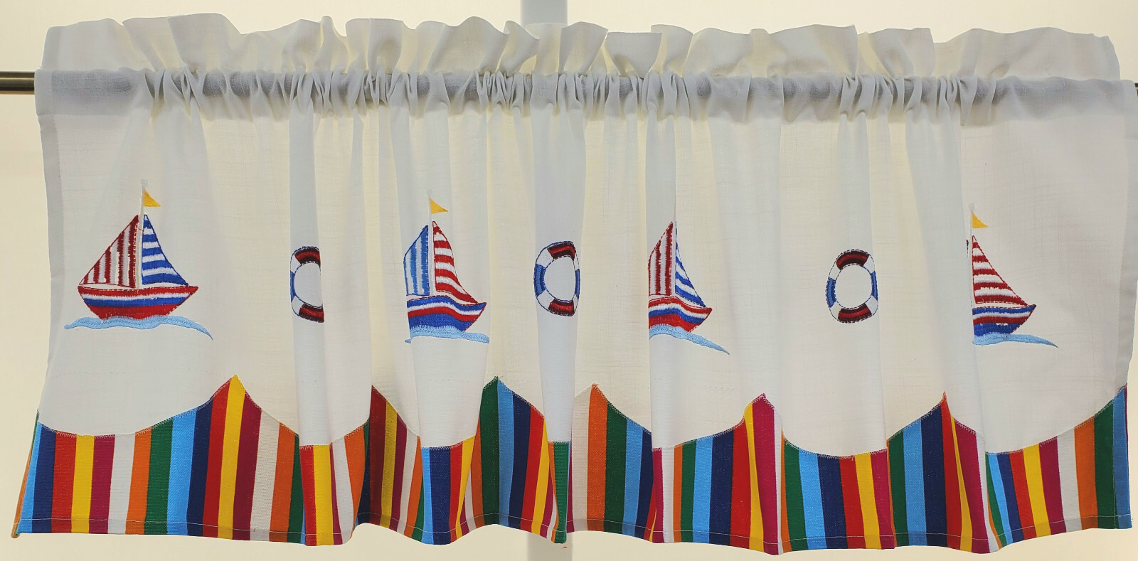 Newport Embroidered Sailcloth Nautical Sailboat Beach Stripe Valance or Tiers