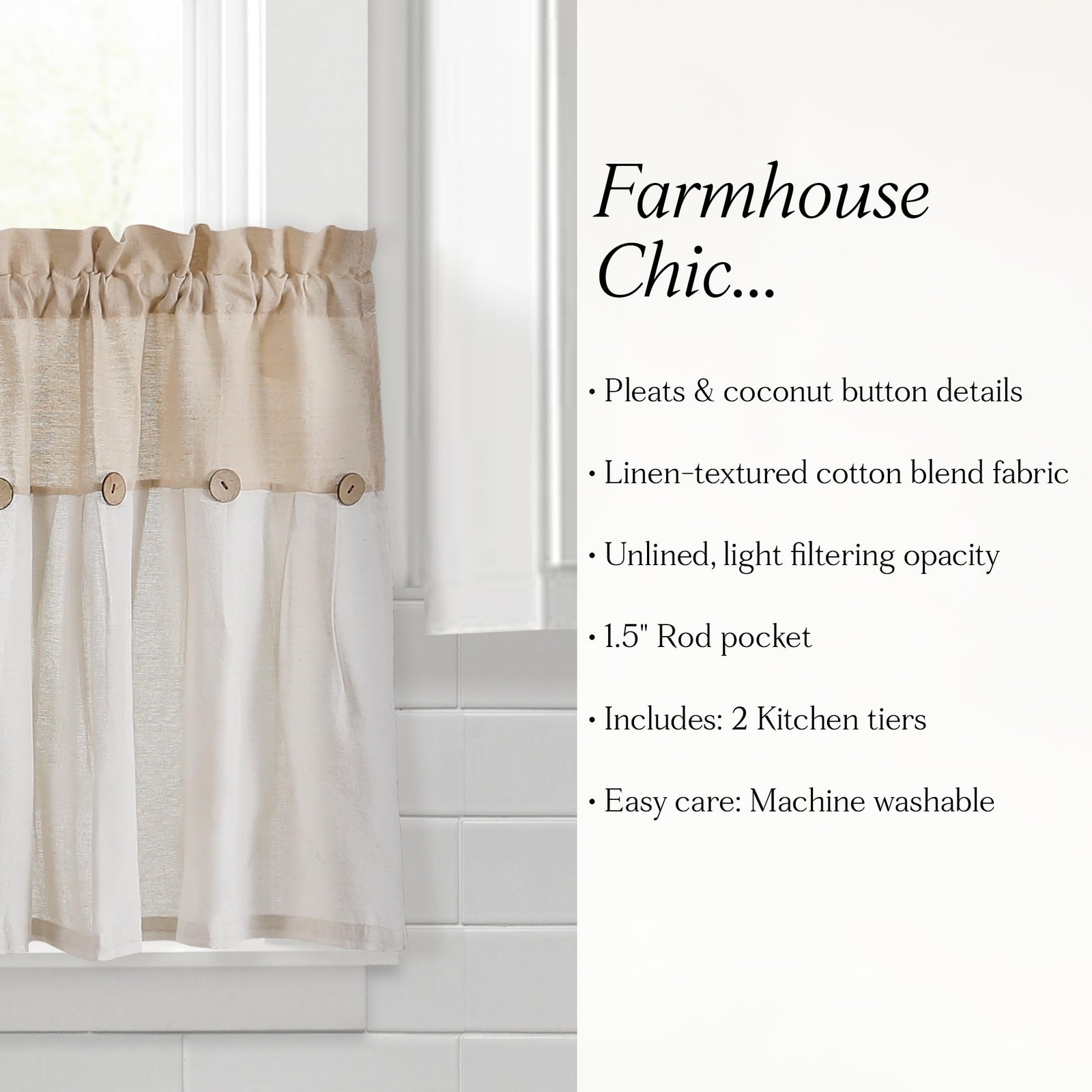 Linen Button Farmhouse Kitchen Tier Curtain Set Pair 29 W X 36 L L