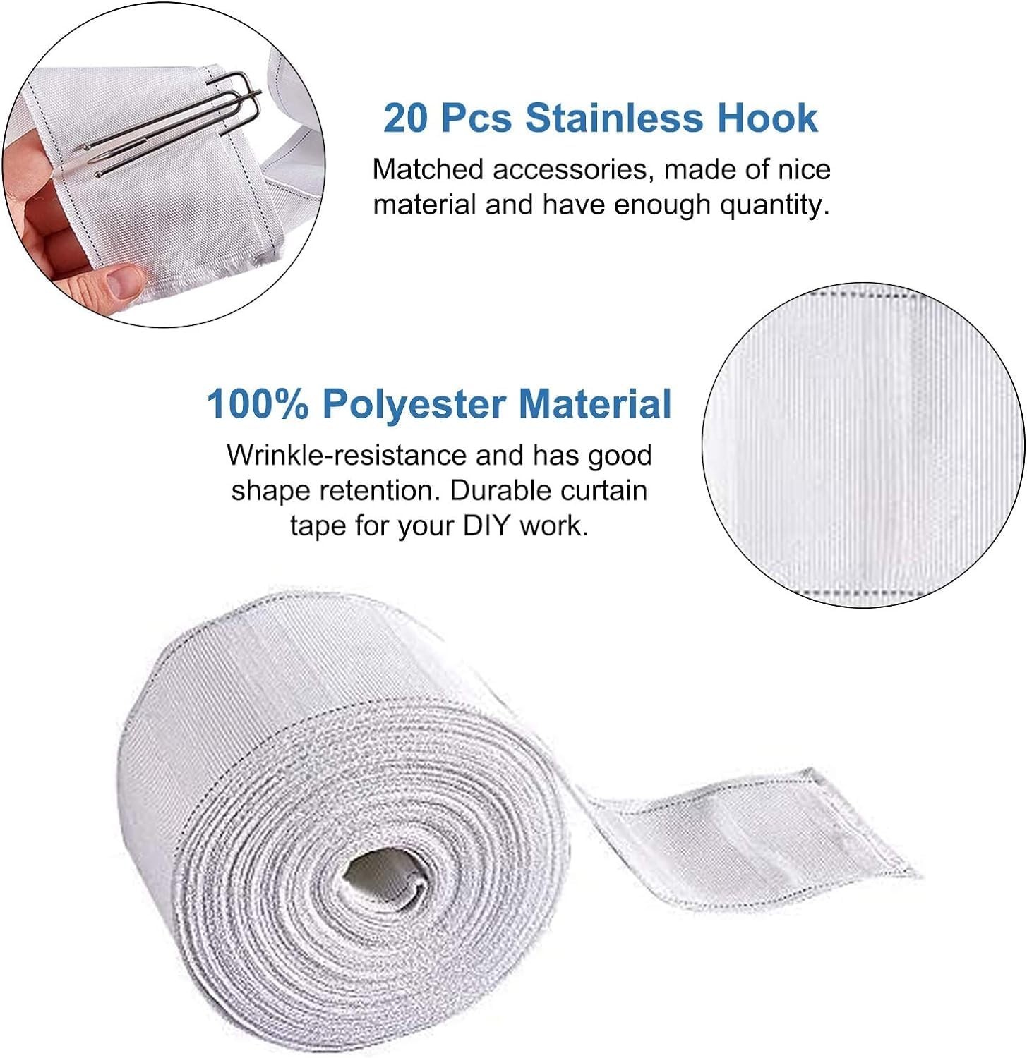 Curtain Tape Set with Hooks White Deep Pinch Pleat DIY Curtain Accessories